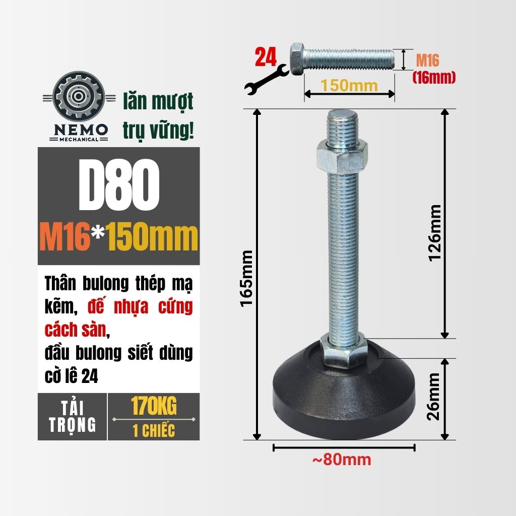 Chân Tăng Chỉnh Đế Nhựa Cứng – Giải Pháp Cân Bằng & Chống Rung (M10, M12, M16)